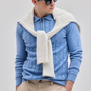 Light Blue Zipper Knitted Polo T-Shirt