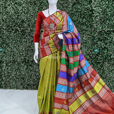 Mehendi Green & Red With Multicolor Double Pallu Berhampuri Silk Saree