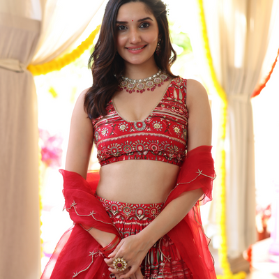 Red Hibiscus Haven Printed Satin Lehenga Set