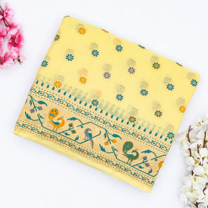 Yellow Handwoven Banarasi Khaddi Georgette Silk Saree With Kamalam Motifs