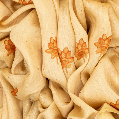 Sandal Handwoven Linen Saree With Printed Flower Motifs