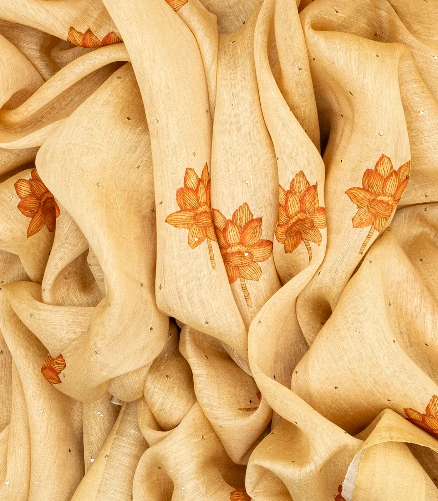 Sandal Handwoven Linen Saree With Printed Flower Motifs