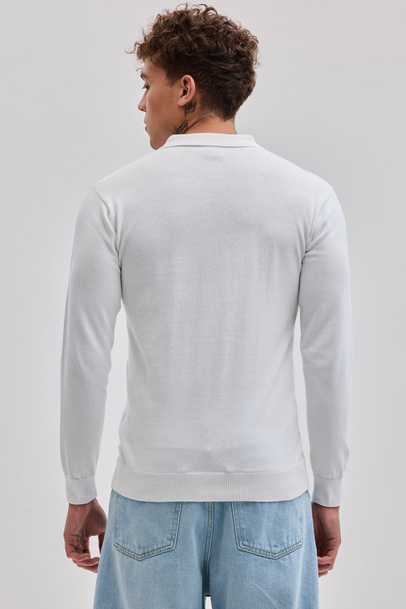 White Zipper Knitted Polo T-Shirt