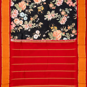 Black Handloom Kanchipuram Korvai Silk Saree Printed With Floral Motifs