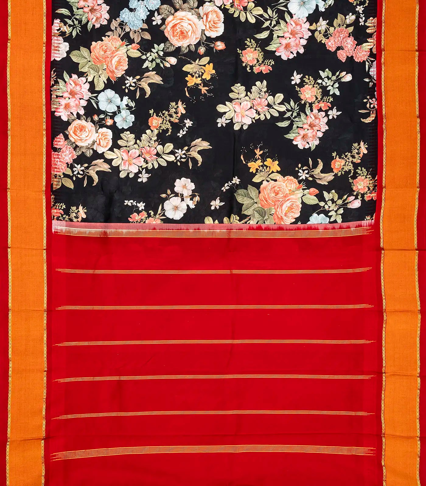 Black Handloom Kanchipuram Korvai Silk Saree Printed With Floral Motifs