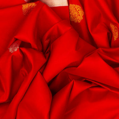 Red Handloom Kanchipuram Silk Saree With Floral Buttas