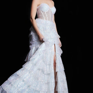 Strapless Ruffled A-line Slit Gown by Jovani 38165