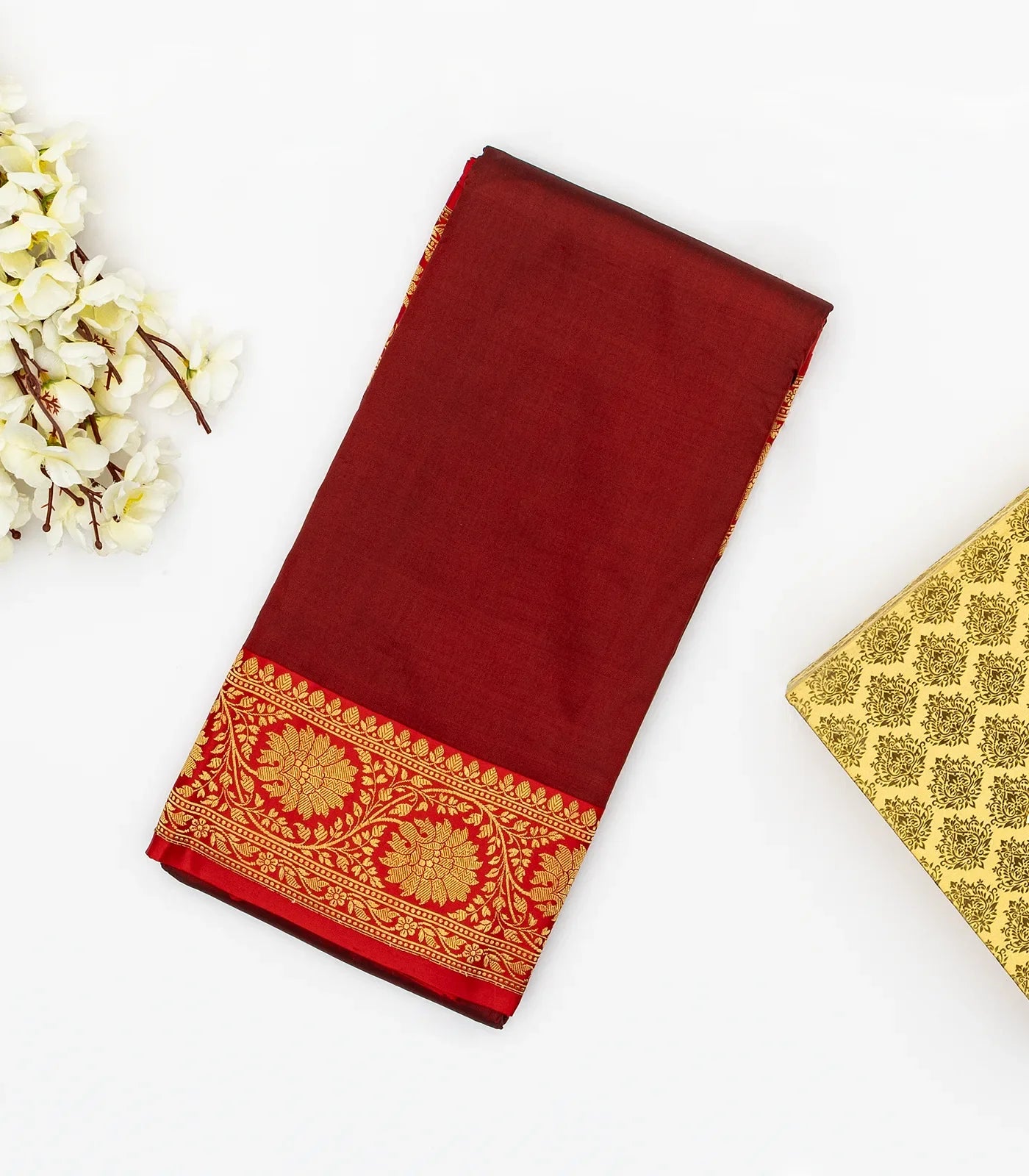 Crimson Handloom Plain Banarasi Silk Saree With Red Border