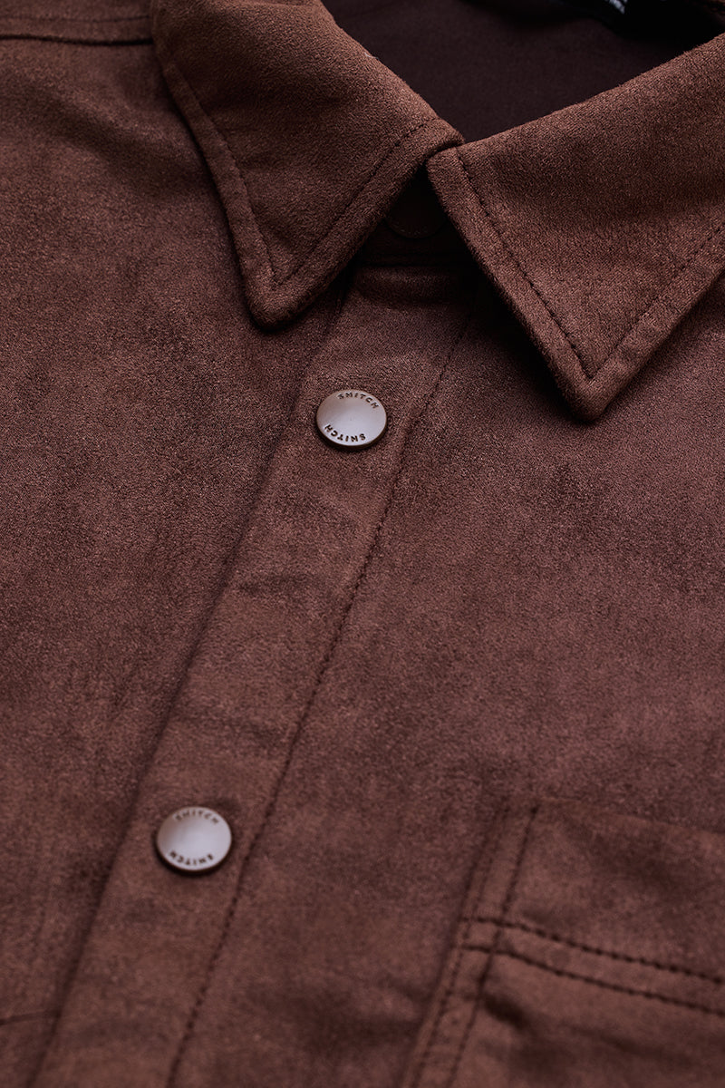Brown Suede Snap Button Overshirt