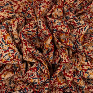 Crimson Woven Kalamkari Cotton Saree With Printed Motifs