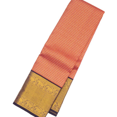 Peach Handloom Kanchipuram Korvai Silk Saree With Zari Checks & Motifs