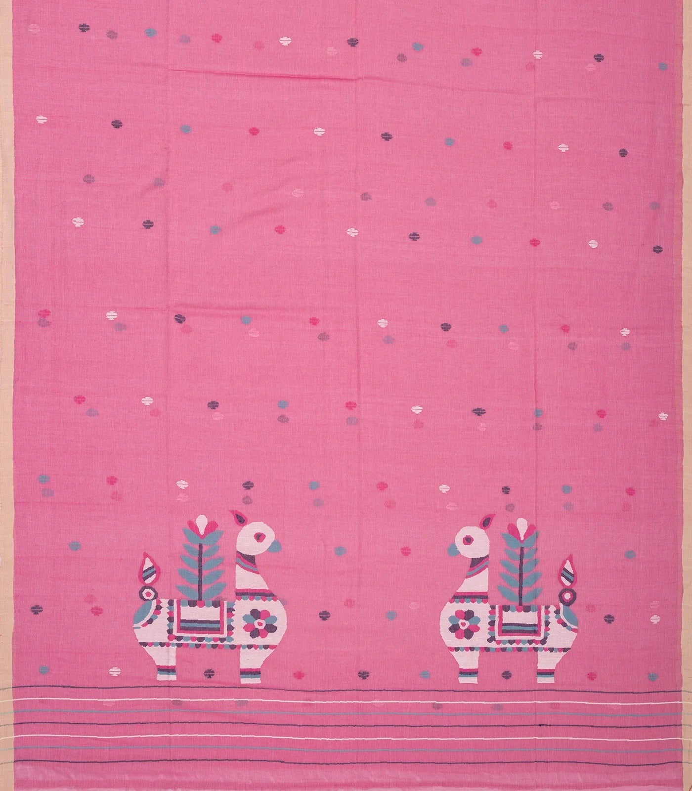 BubbleGum Pink Handloom Bengal Cotton Saree With Buttas