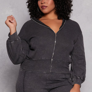 Plus Size Acid Wash Zip Front Top