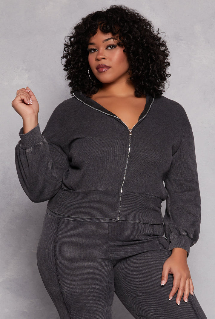 Plus Size Acid Wash Zip Front Top