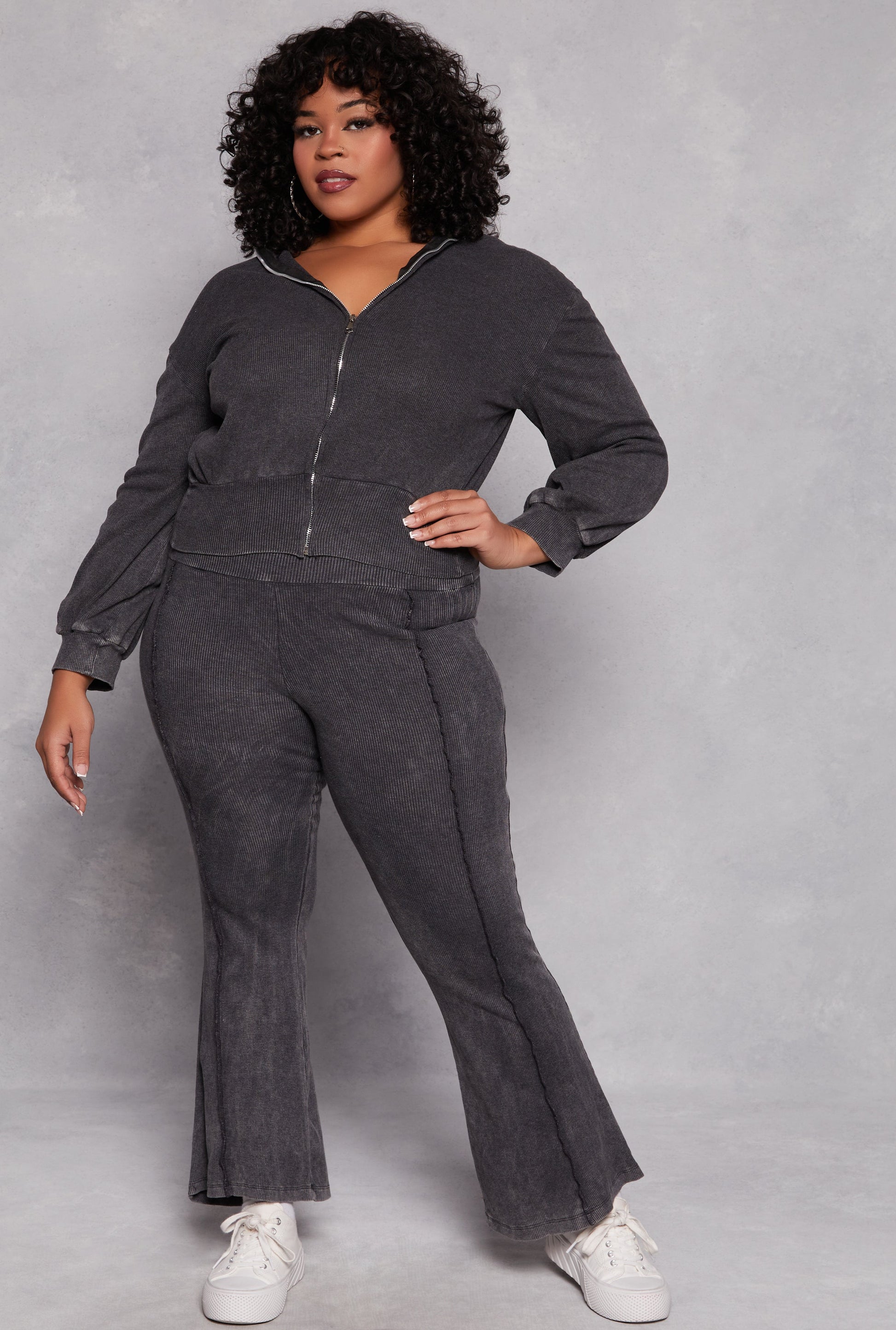 Plus Size Acid Wash Zip Front Top