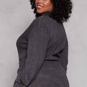 Plus Size Acid Wash Zip Front Top