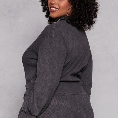 Plus Size Acid Wash Zip Front Top