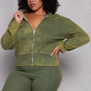 Plus Size Acid Wash Zip Front Top