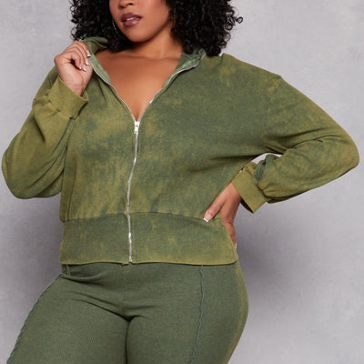 Plus Size Acid Wash Zip Front Top