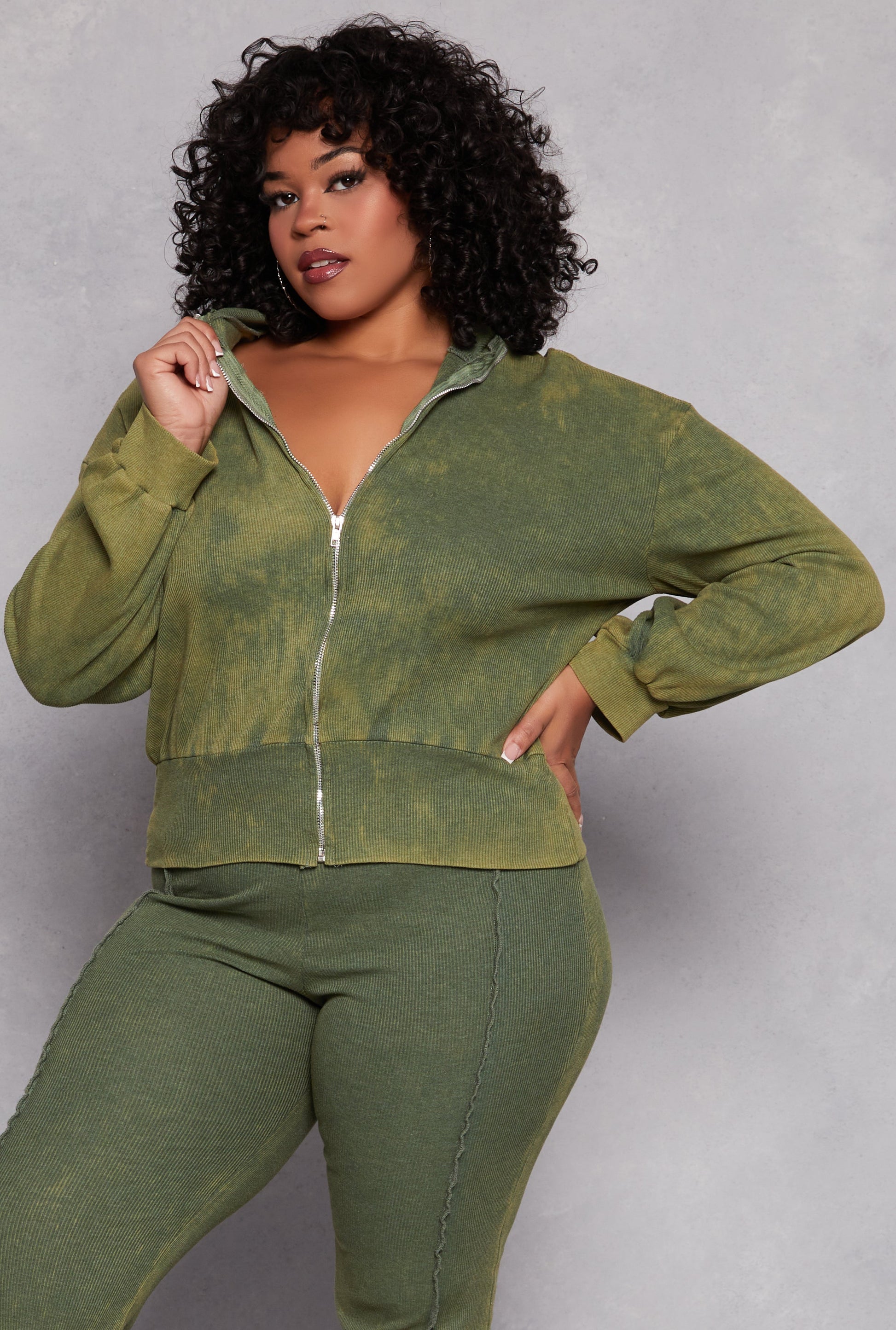 Plus Size Acid Wash Zip Front Top