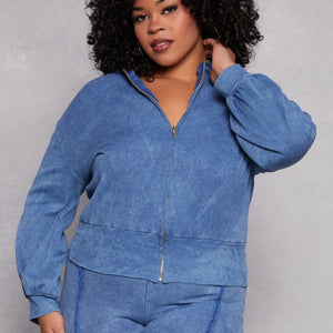 Plus Size Acid Wash Zip Front Top