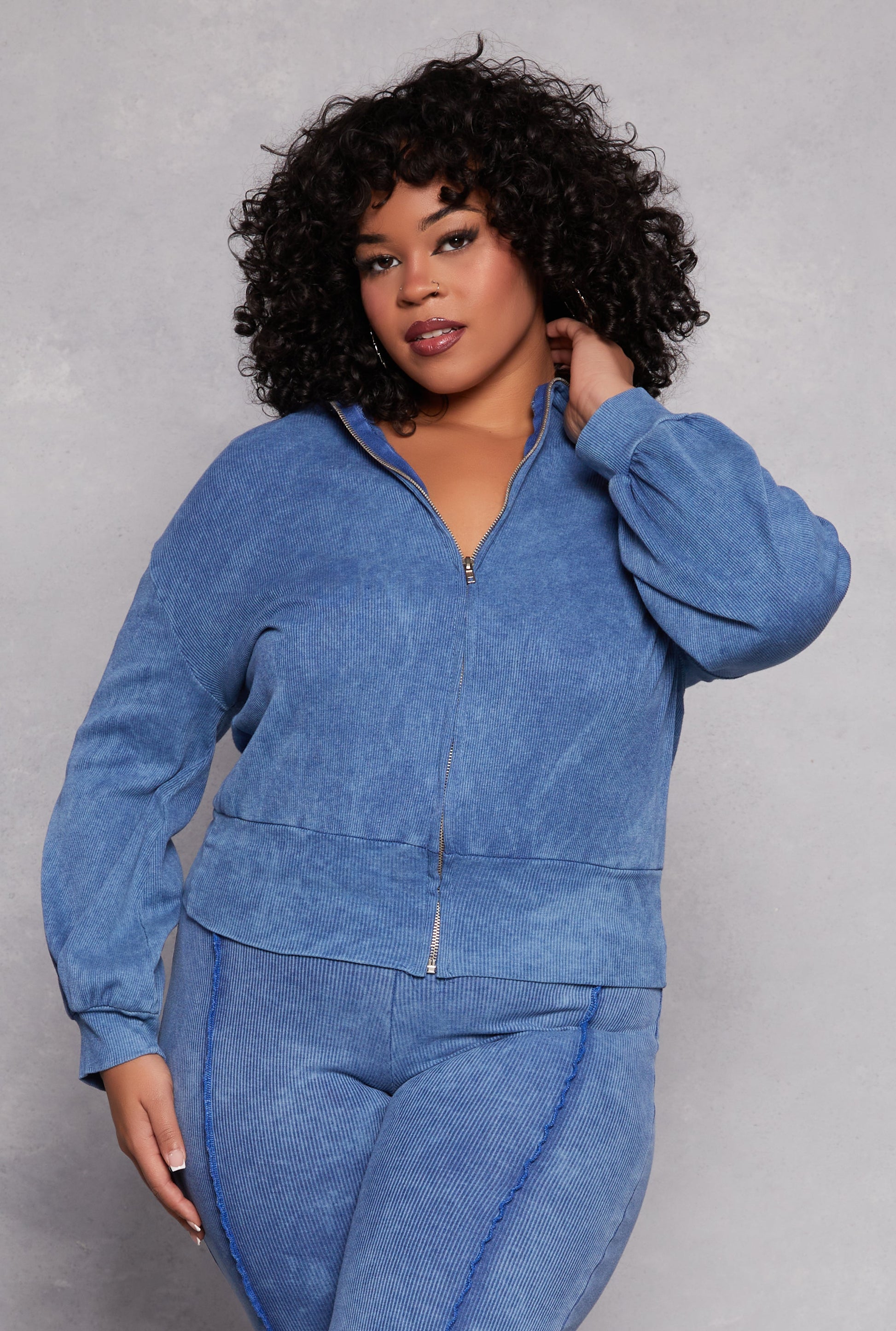 Plus Size Acid Wash Zip Front Top