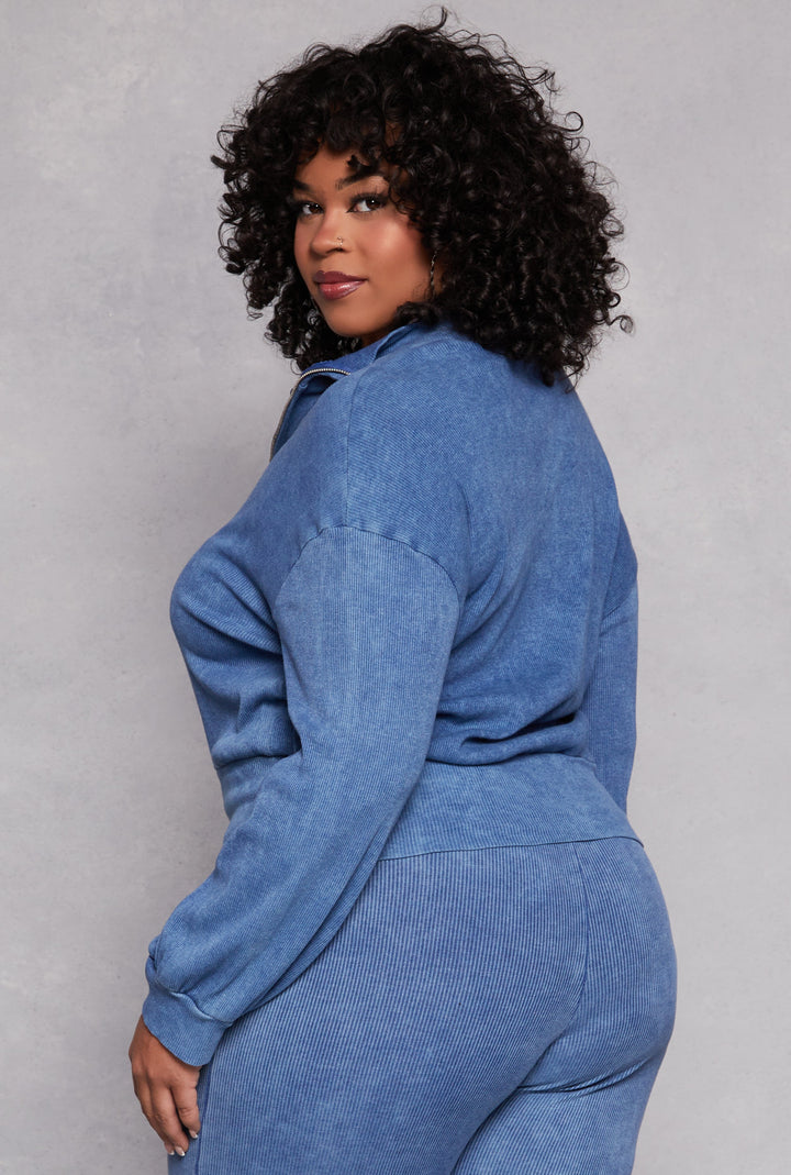 Plus Size Acid Wash Zip Front Top