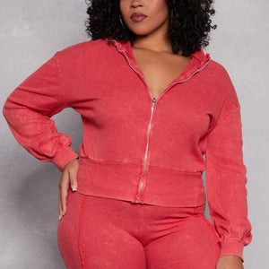 Plus Size Acid Wash Zip Front Top