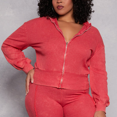 Plus Size Acid Wash Zip Front Top