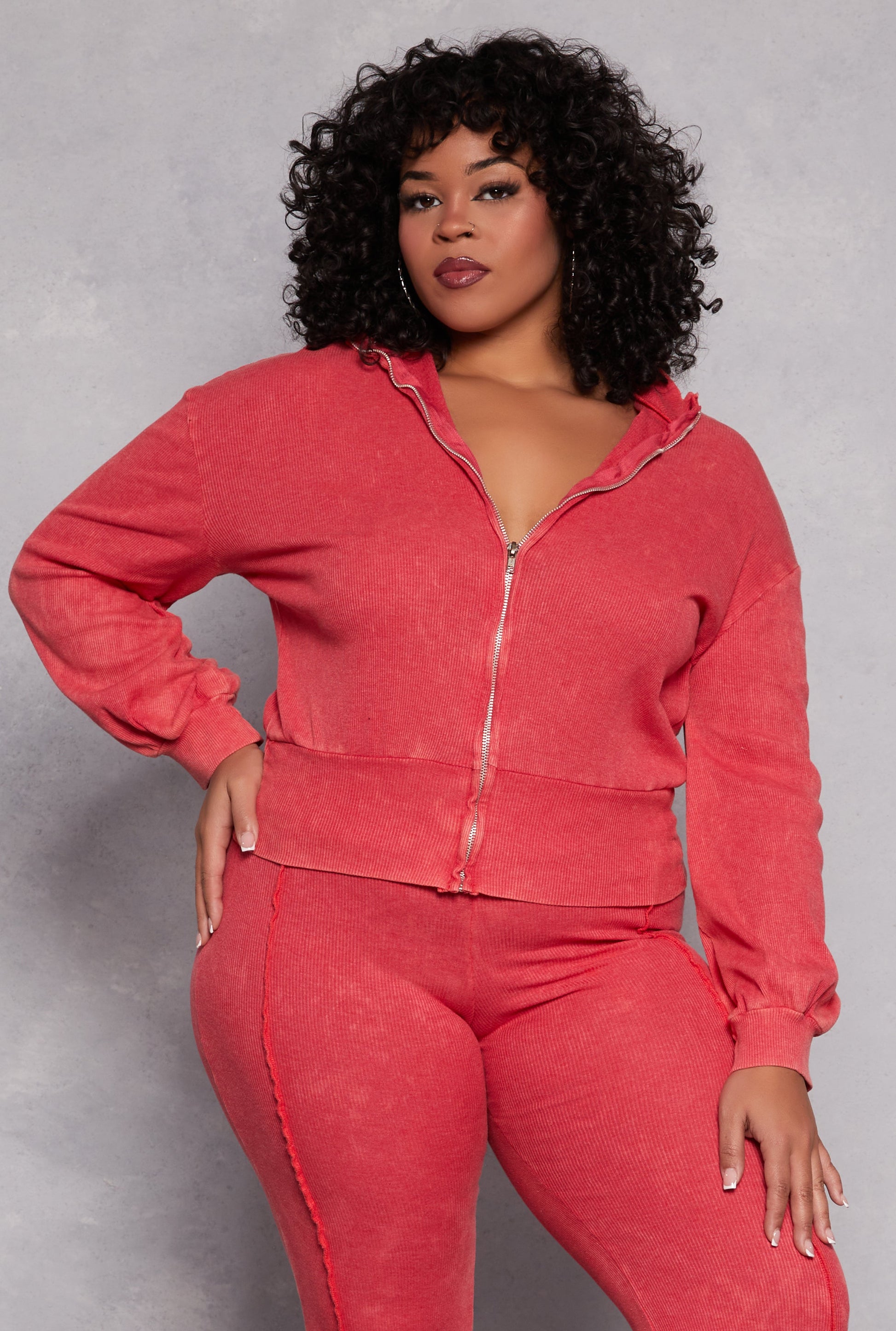 Plus Size Acid Wash Zip Front Top