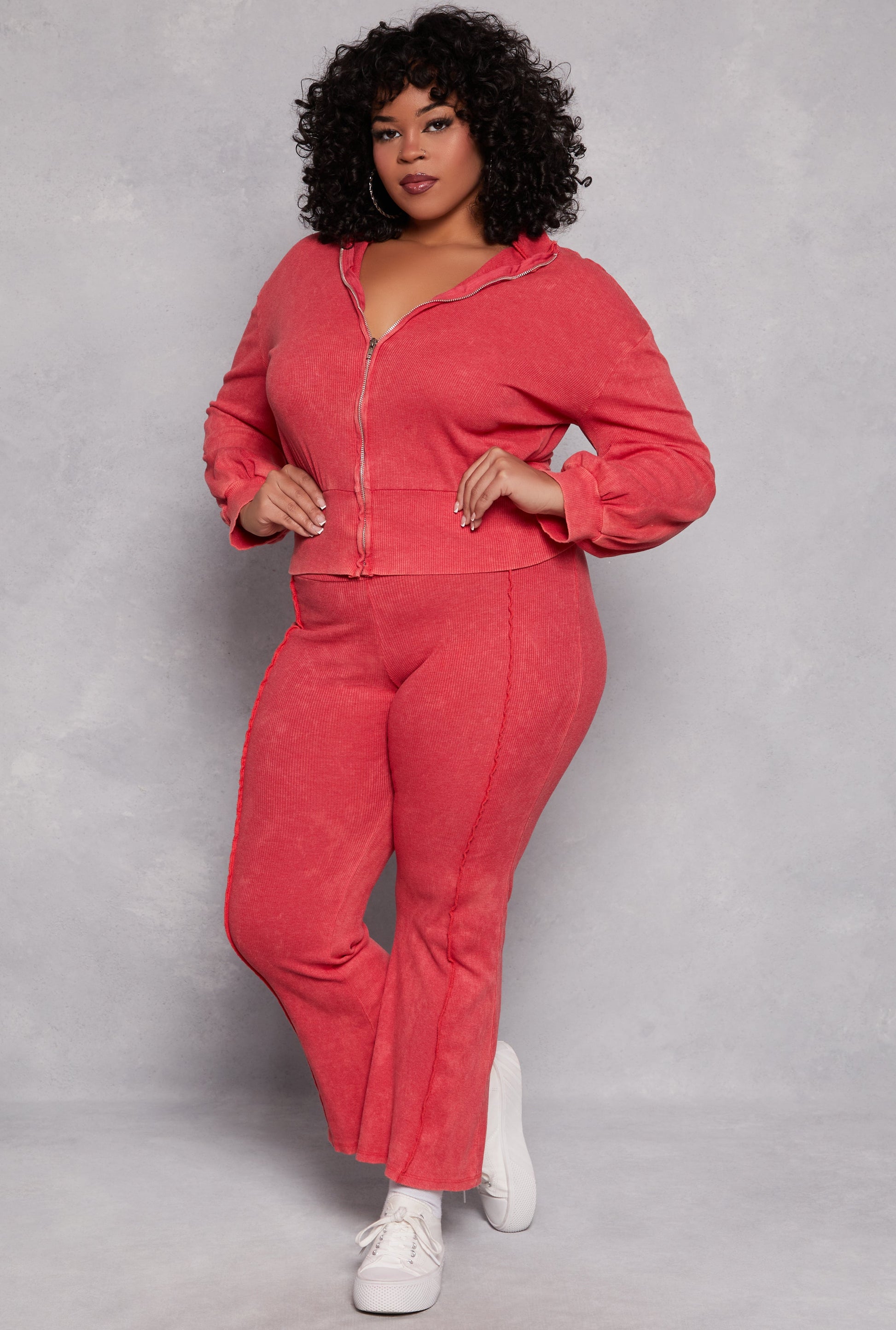 Plus Size Acid Wash Zip Front Top