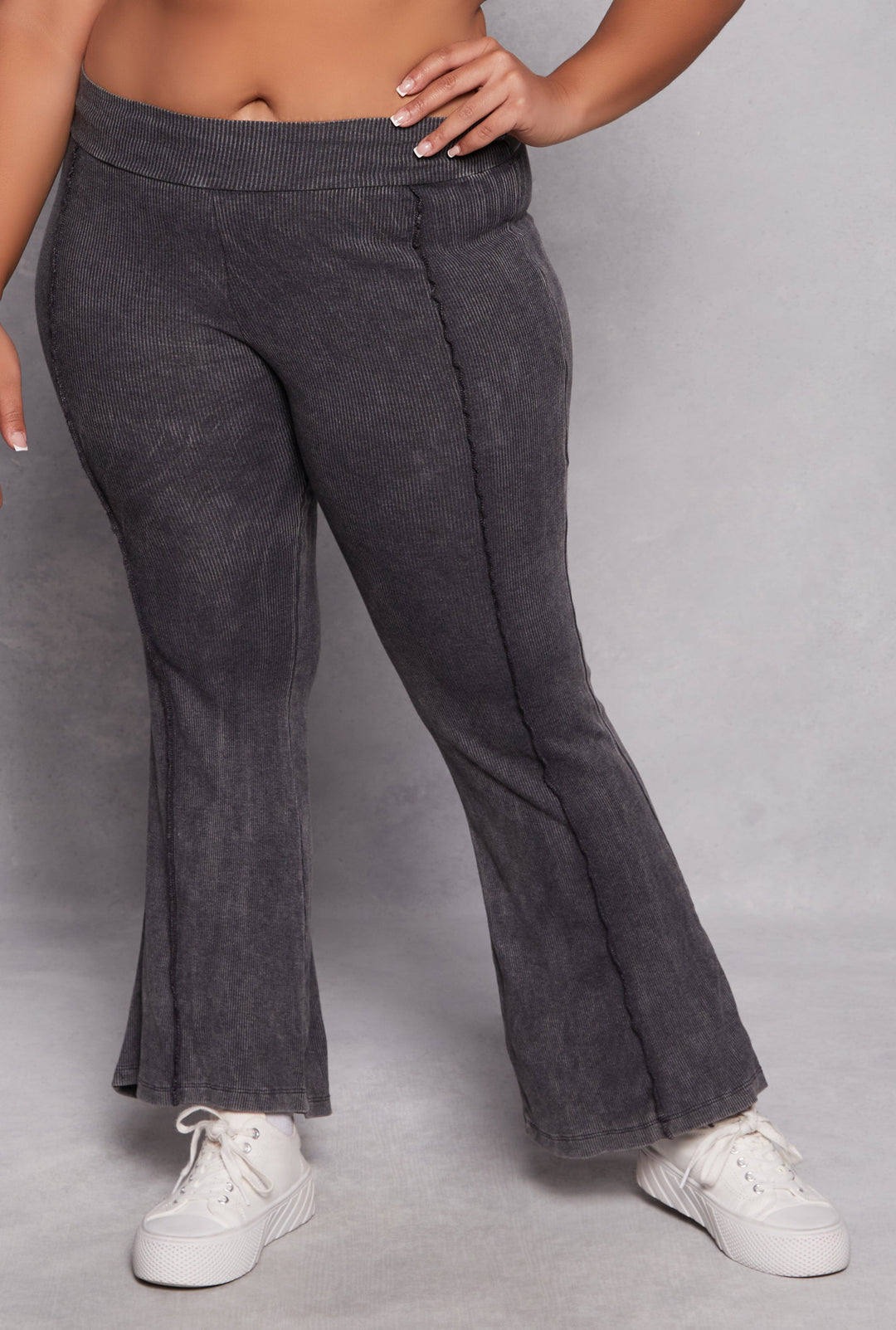 Plus Size Acid Wash Pintuck Flare Pants