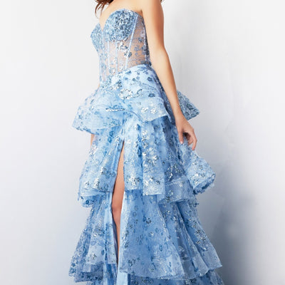 Tulle Strapless A-line Layered Slit Gown by Jovani 38528