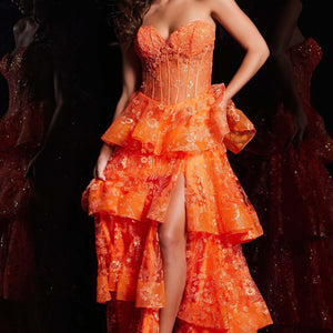 Tulle Strapless A-line Layered Slit Gown by Jovani 38528