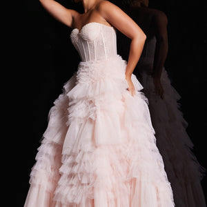 Lace Strapless A-line Ruffled Gown by Jovani 38540