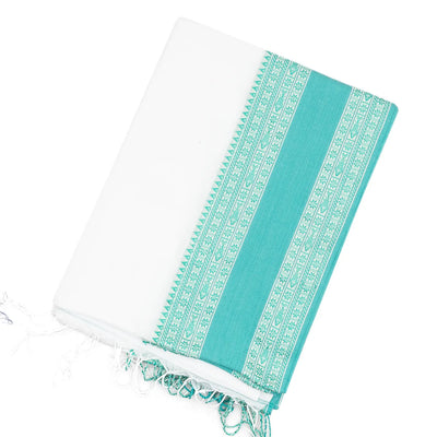 White Handloom Bengal Cotton Saree With Turquoise Border