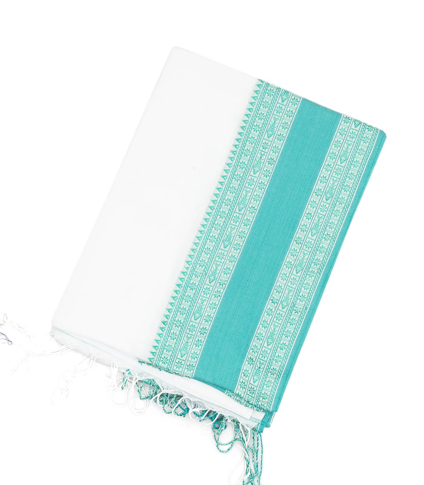 White Handloom Bengal Cotton Saree With Turquoise Border