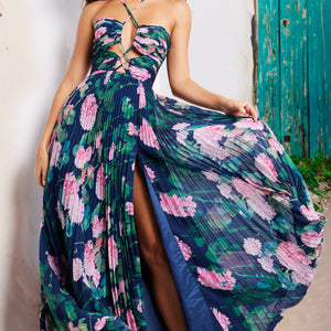 Floral Print Halter A-line Slit Gown by Jovani 38638
