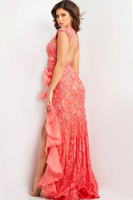 Lace Sleeveless Ruffled Slit Gown by Jovani 38668