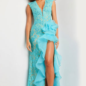Lace Sleeveless Ruffled Slit Gown by Jovani 38668