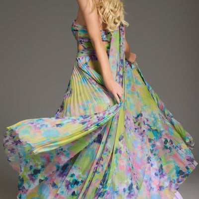 Jovani 38688 Floral Long Pleated Formal Prom Dress