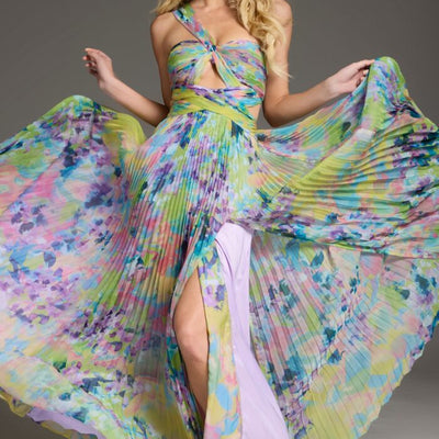 Jovani 38688 Floral Long Pleated Formal Prom Dress