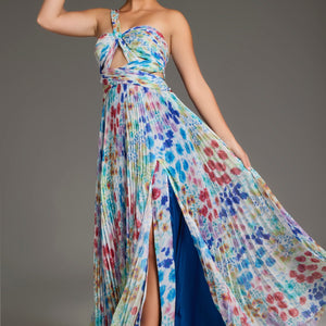 Jovani 38689 Long Formal Pleated Floral Print Prom Dress