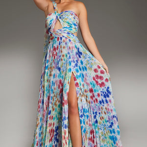 Jovani 38689 Long Formal Pleated Floral Print Prom Dress