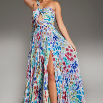 Jovani 38689 Long Formal Pleated Floral Print Prom Dress