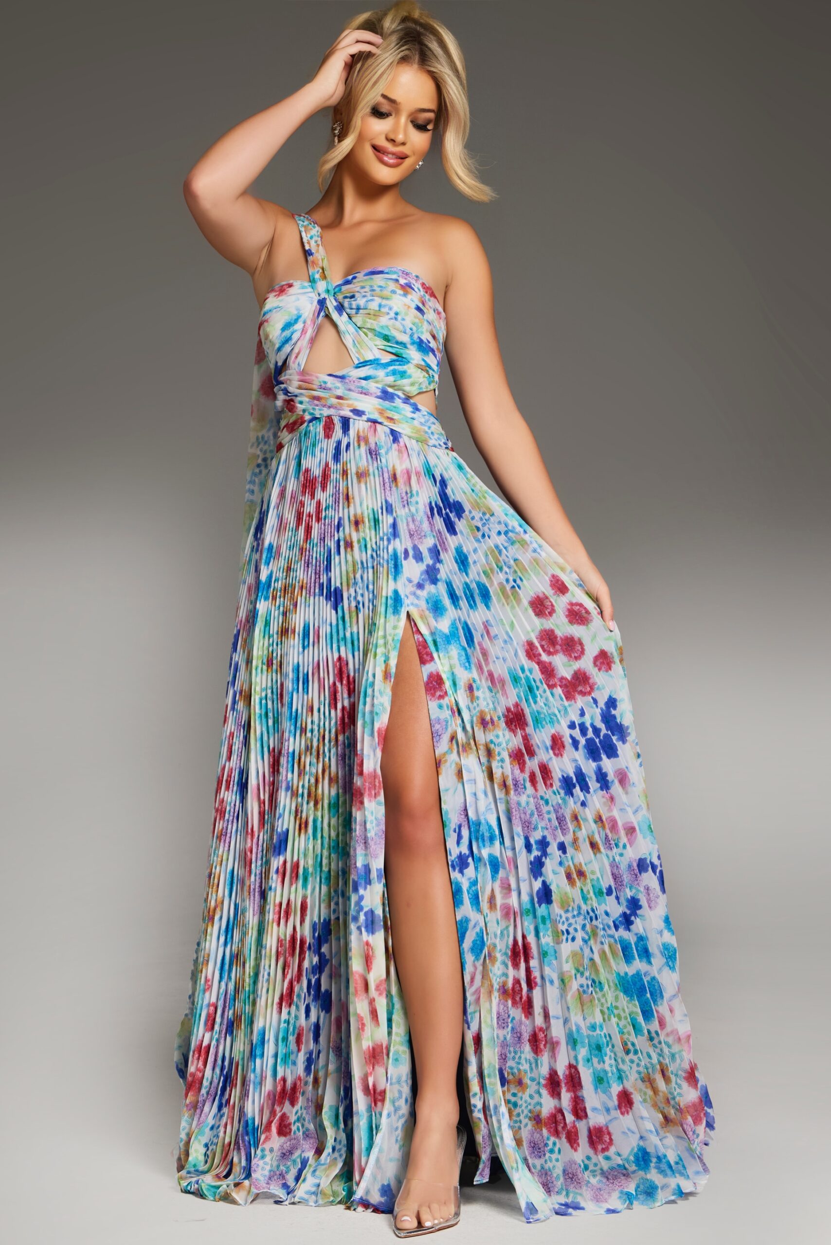 Jovani 38689 Long Formal Pleated Floral Print Prom Dress