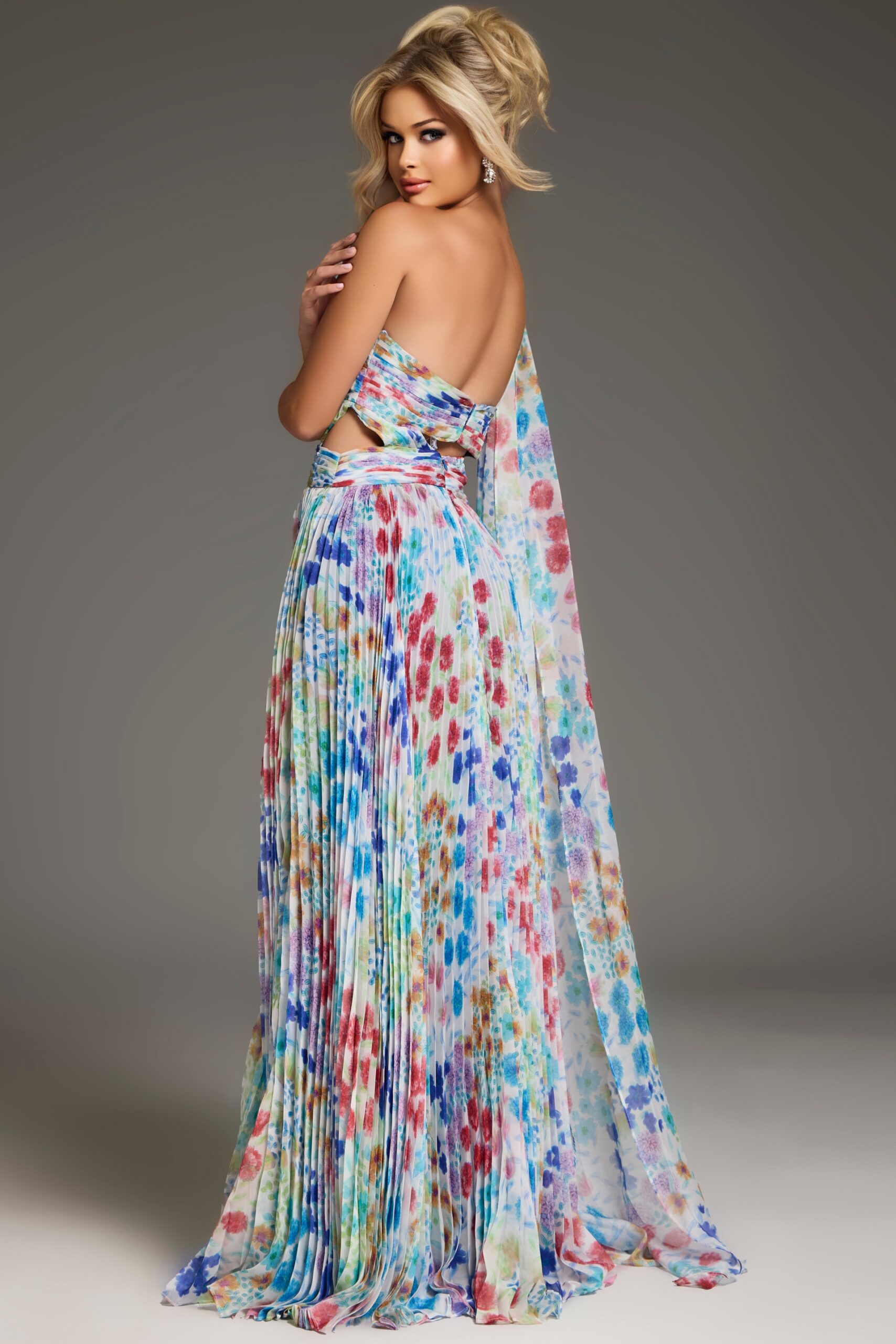 Jovani 38689 Long Formal Pleated Floral Print Prom Dress