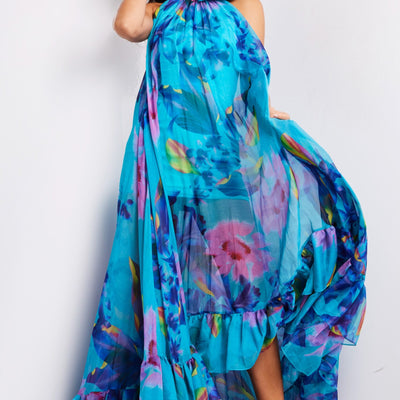 Floral Print Halter A-line Gown by Jovani 38721
