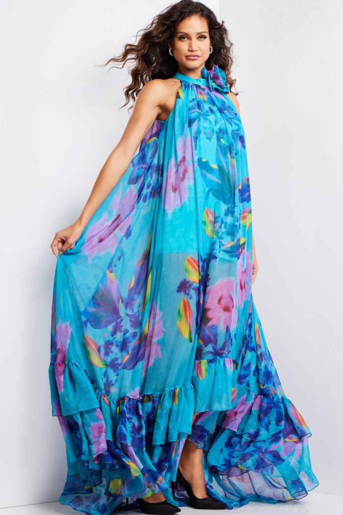 Jovani 38721 Long Printed A Line Ruffle Formal Prom Dress