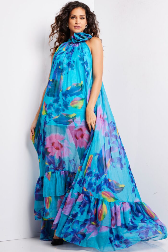 Jovani 38721 Long Printed A Line Ruffle Formal Prom Dress